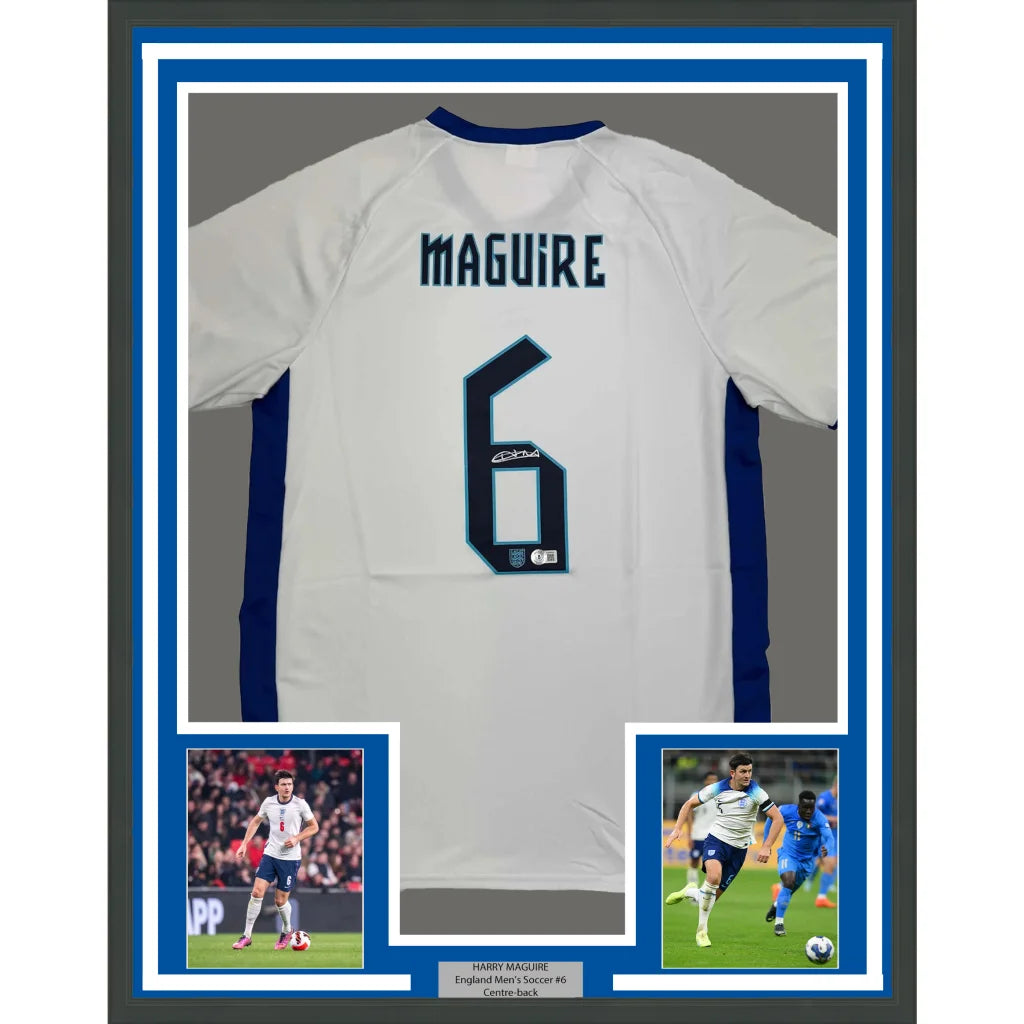 Framed Autographed Harry Maguire 35x39 England White Soccer Jersey Beckett BAS COA | Hall of Fame Sports Memorabilia | vintageantiquesgifts.com