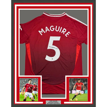 Framed autographed Harry Maguire Manchester United red jersey with number 5, Beckett BAS COA
