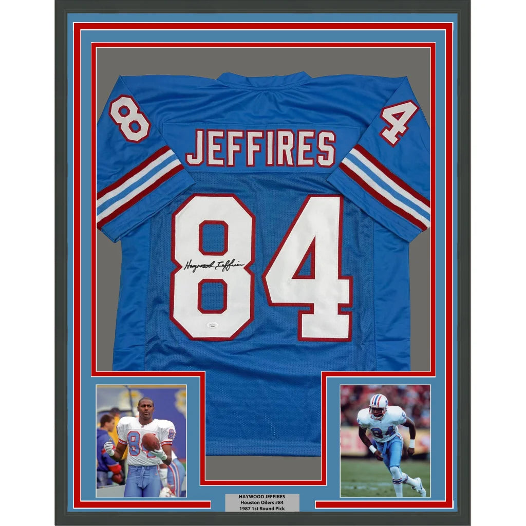 Framed autographed Haywood Jeffires blue Houston Oilers jersey back, number 84, JSA COA
