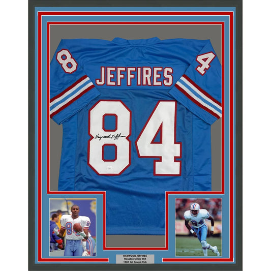 Framed Autographed Haywood Jeffires 35x39 Tennessee Retro Light Blue Football Jersey JSA COA | Hall of Fame Sports Memorabilia | vintageantiquesgifts.com