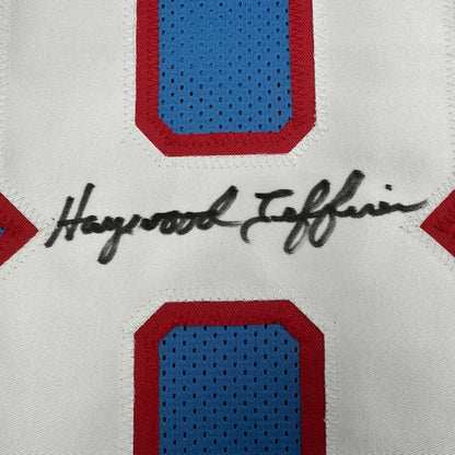 Framed autographed Haywood Jeffires Tennessee retro light blue football jersey with JSA COA
