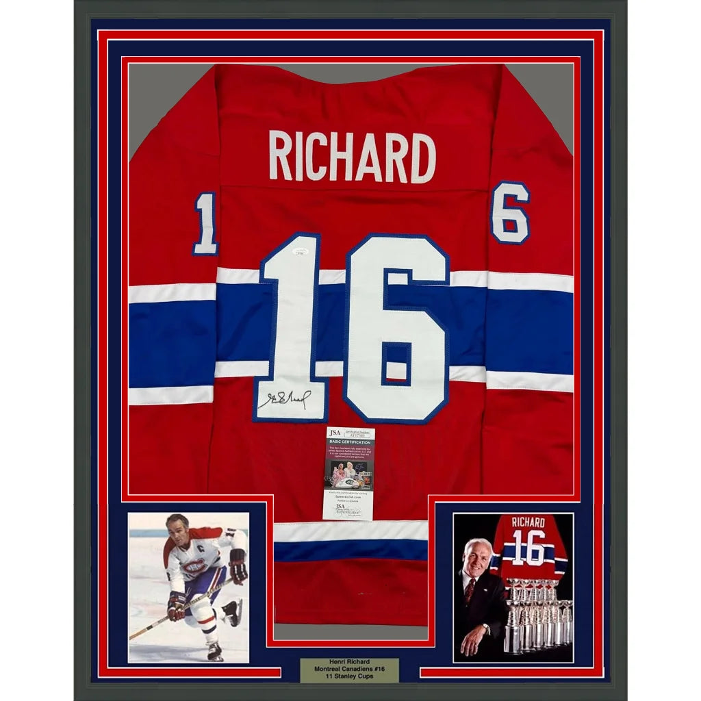 Framed Autographed Henri Richard 35x39 Montreal Red Hockey Jersey JSA COA | Hall of Fame Sports Memorabilia | vintageantiquesgifts.com