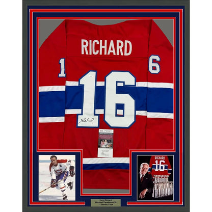 Framed Autographed Henri Richard 35x39 Montreal Red Hockey Jersey JSA COA | Hall of Fame Sports Memorabilia | vintageantiquesgifts.com