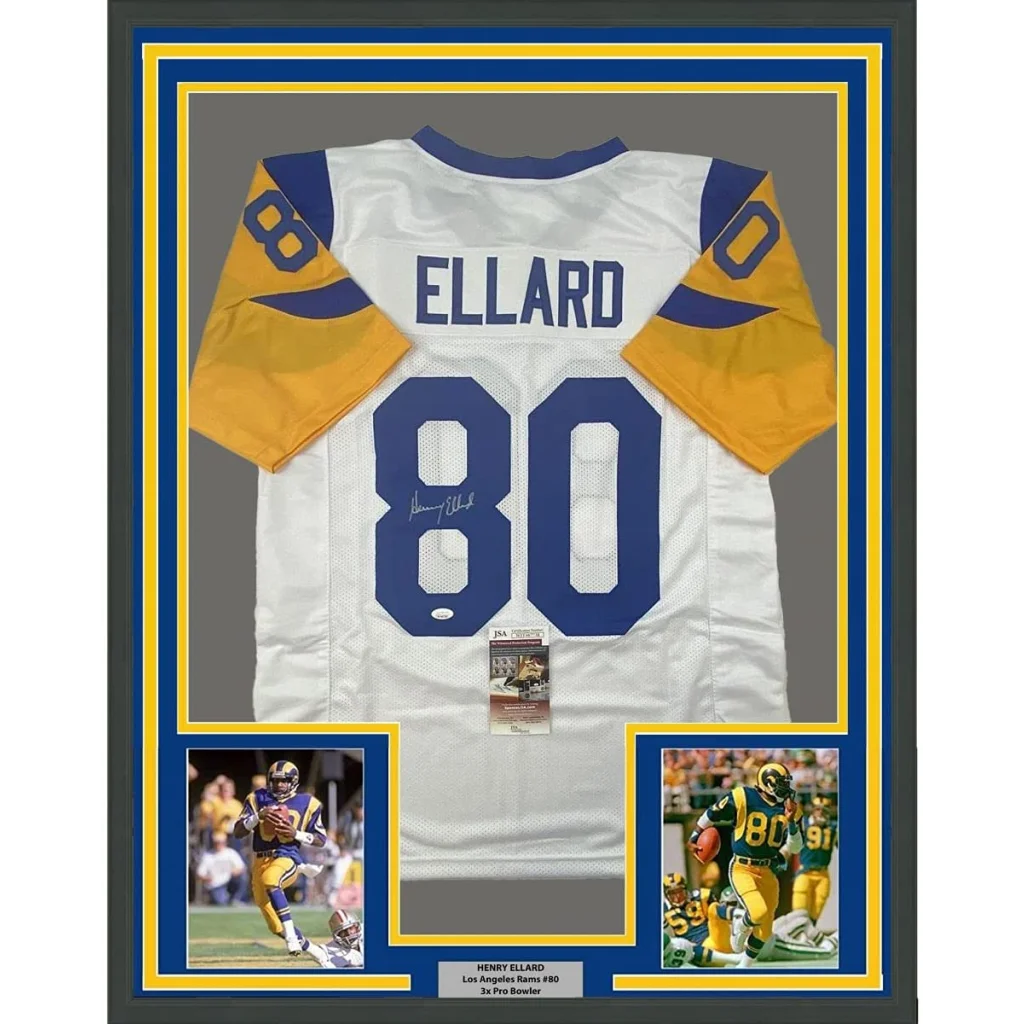 Framed Autographed Henry Ellard 35x39 Los Angeles LA White Football Jersey JSA COA | Hall of Fame Sports Memorabilia | vintageantiquesgifts.com