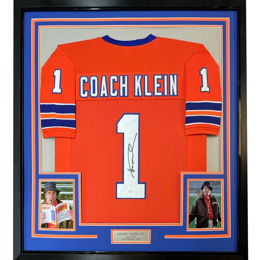 Framed Autographed Henry Winkler Coach Klein 35x39 The Waterboy SCLSU Mud Dogs Orange Football Jersey JSA COA | Hall of Fame Sports Memorabilia | vintageantiquesgifts.com