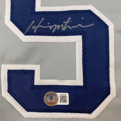 Framed Autographed Hideki Matsui 35x39 New York Grey Baseball Jersey Beckett BAS COA | Certified Authentic Signed Memorabilia | vintageantiquesgifts.com