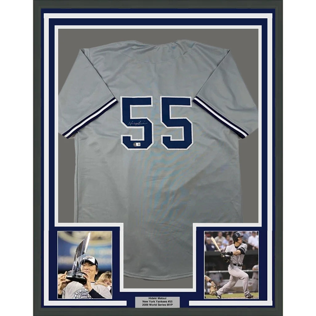 Framed Autographed Hideki Matsui 35x39 New York Grey Baseball Jersey Beckett BAS COA | Hall of Fame Sports Memorabilia | vintageantiquesgifts.com