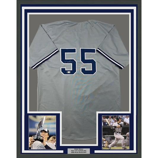 Framed Autographed Hideki Matsui 35x39 New York Grey Baseball Jersey Beckett BAS COA | Hall of Fame Sports Memorabilia | vintageantiquesgifts.com