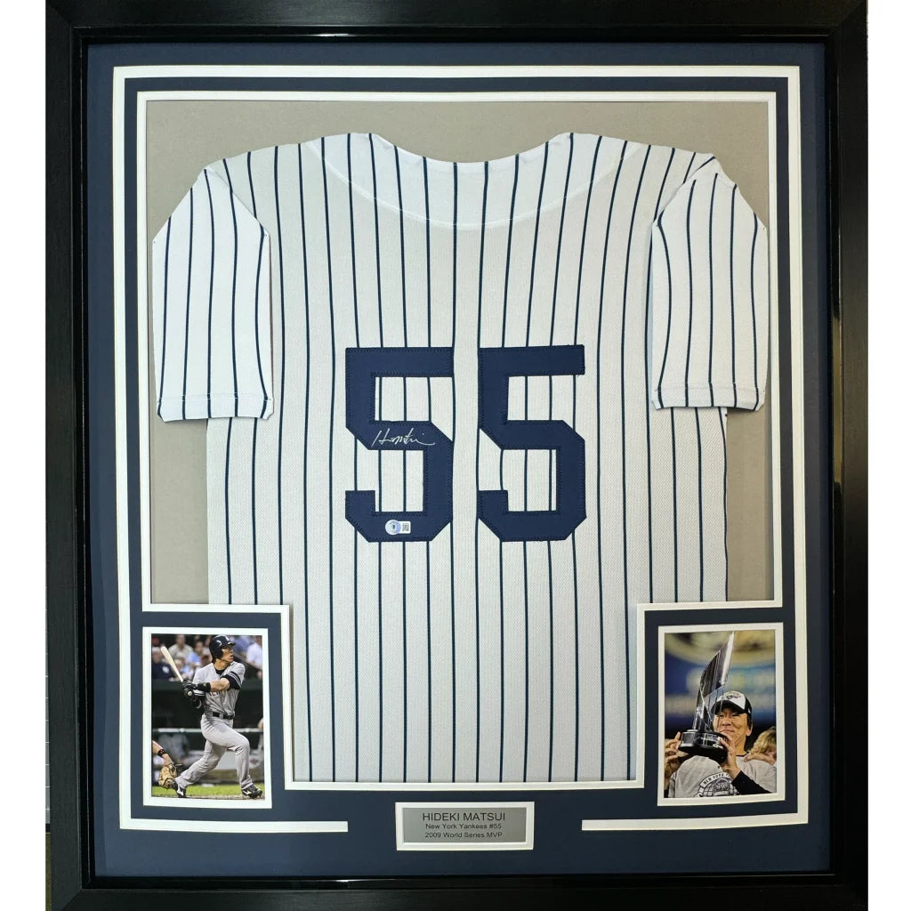 Framed autographed Hideki Matsui New York Yankees pinstripe jersey number 55