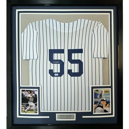 Framed autographed Hideki Matsui New York Yankees pinstripe jersey number 55