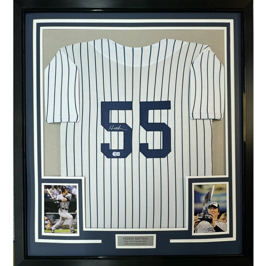Framed Autographed Hideki Matsui 35x39 New York Pinstripe Baseball Jersey Beckett BAS COA | Hall of Fame Sports Memorabilia | vintageantiquesgifts.com
