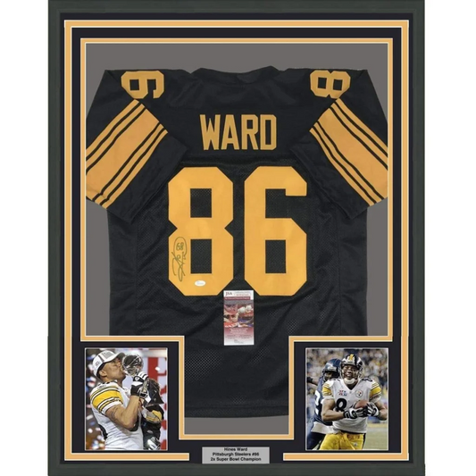Professionally framed Hines Ward Pittsburgh Steelers jersey with Bettis autographs and plaques