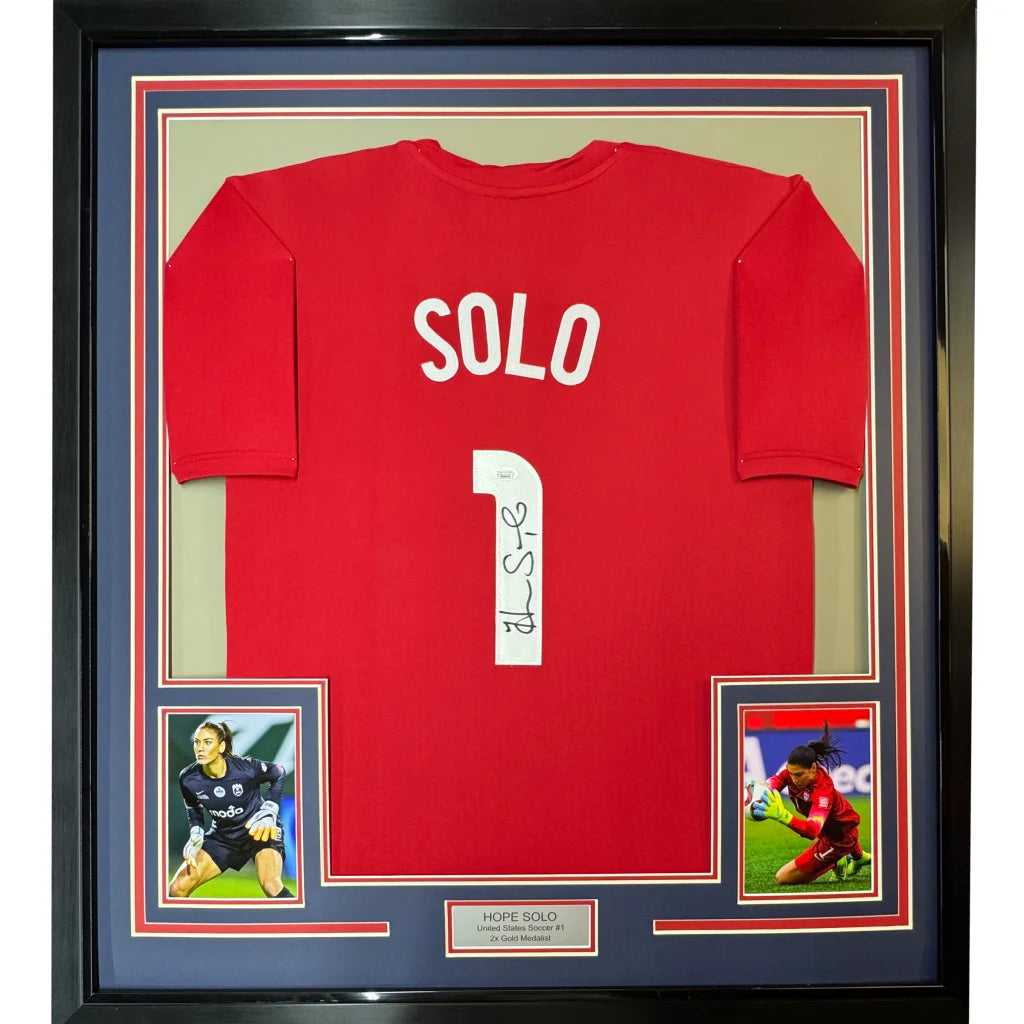 Framed autographed Hope Solo red USA World Cup jersey with Solo 1, JSA COA