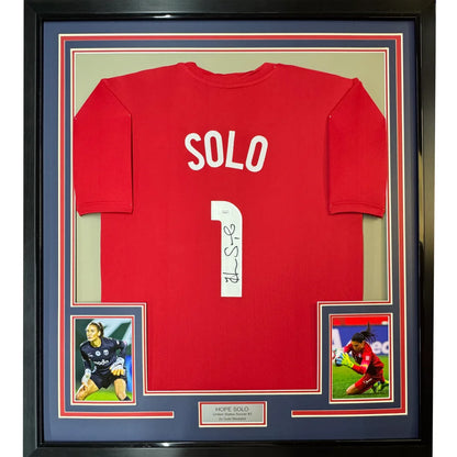 Framed autographed Hope Solo red USA World Cup jersey with Solo 1, JSA COA