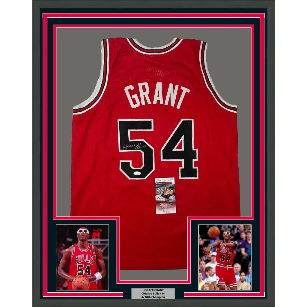 Professionally framed Horace Grant autographed Bulls jersey with player photos and plaque