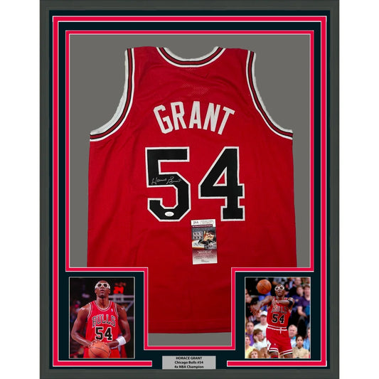 Professionally framed Horace Grant autographed Bulls jersey with player photos and plaque