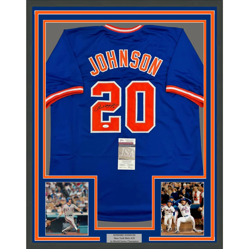 Framed autographed Howard Johnson New York Mets blue jersey with name and number 20
