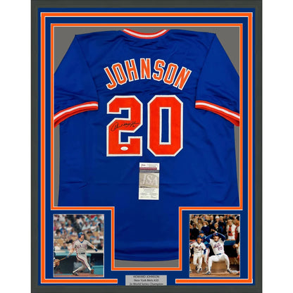 Framed autographed Howard Johnson New York Mets blue jersey with name and number 20
