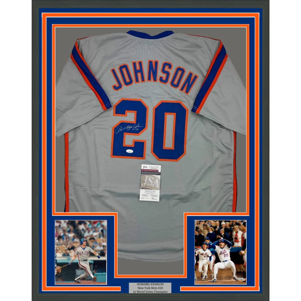 Framed Autographed Howard Johnson HOJO 35x39 New York Grey Baseball Jersey JSA COA | Hall of Fame Sports Memorabilia | vintageantiquesgifts.com