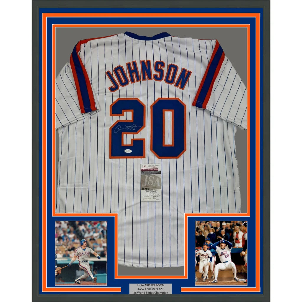 Framed autographed Howard Johnson New York pinstripe baseball jersey