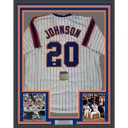 Framed autographed Howard Johnson New York pinstripe baseball jersey