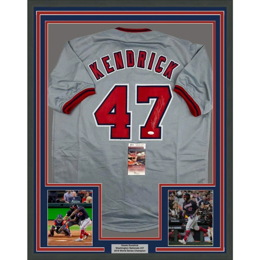 Professionally framed Washington grey baseball jersey with autographed Howie Kendrick and photos