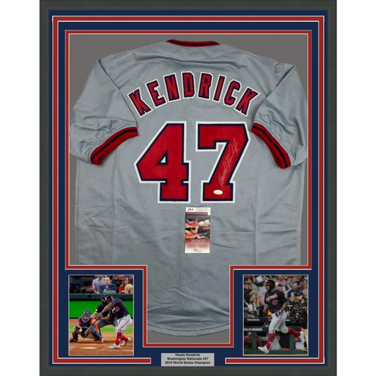 Professionally framed Washington grey baseball jersey with autographed Howie Kendrick and photos