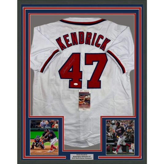 Framed Autographed Howie Kendrick 35x39 Washington White Baseball Jersey JSA COA | Hall of Fame Sports Memorabilia | vintageantiquesgifts.com