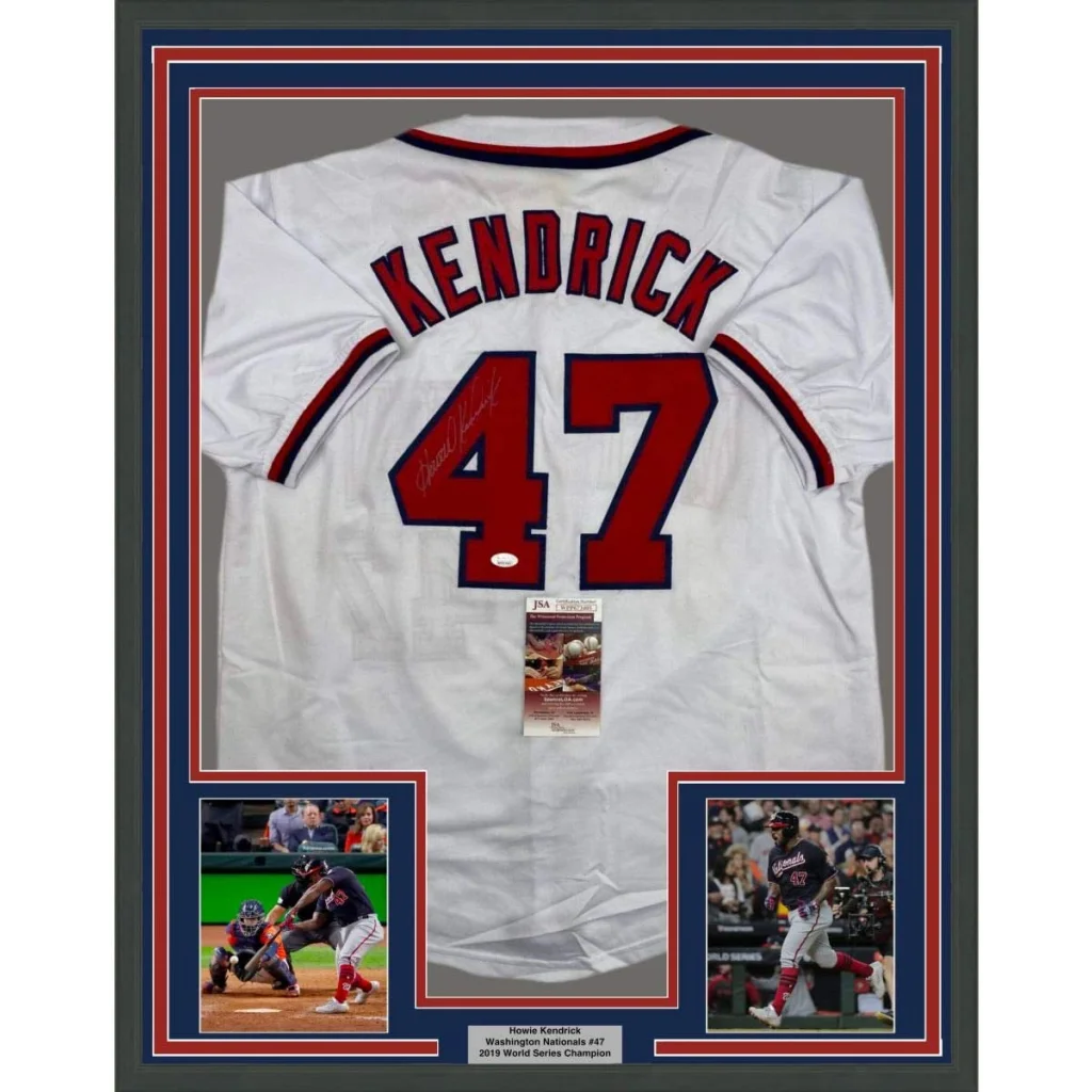 Framed Howie Kendrick Washington Nationals autographed jersey with JSA COA for man cave