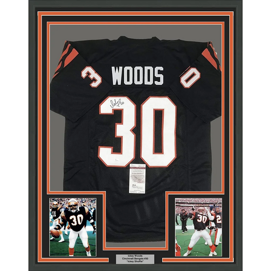 Framed autographed Ickey Woods black Bengals jersey with Woods 30, JSA COA