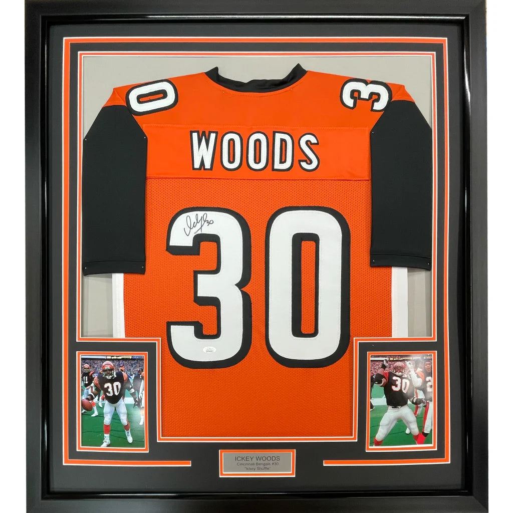 Framed Autographed Ickey Woods 35x39 Cincinnati Orange Football Jersey JSA COA | Hall of Fame Sports Memorabilia | vintageantiquesgifts.com
