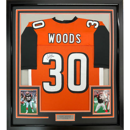 Framed Autographed Ickey Woods 35x39 Cincinnati Orange Football Jersey JSA COA | Hall of Fame Sports Memorabilia | vintageantiquesgifts.com