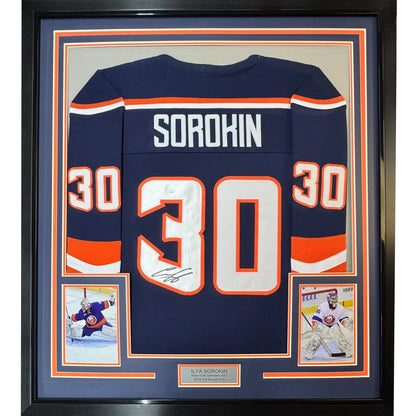 Framed Autographed Ilya Sorokin 35x39 New York Blue Reverse Retro Hockey Jersey JSA COA | Hall of Fame Sports Memorabilia | vintageantiquesgifts.com
