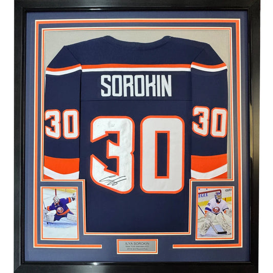 Framed Autographed Ilya Sorokin 35x39 New York Blue Reverse Retro Hockey Jersey JSA COA | Hall of Fame Sports Memorabilia | vintageantiquesgifts.com