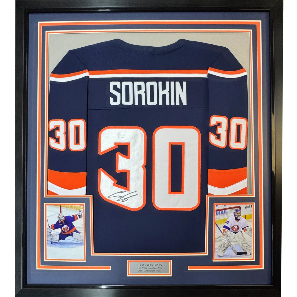 Professionally framed Ilya Sorokin York Blue Reverse Retro jersey with player cards