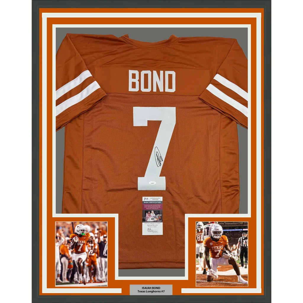 Framed Autographed Isaiah Bond 35x39 Texas Orange College Football Jersey JSA COA | Hall of Fame Sports Memorabilia | vintageantiquesgifts.com