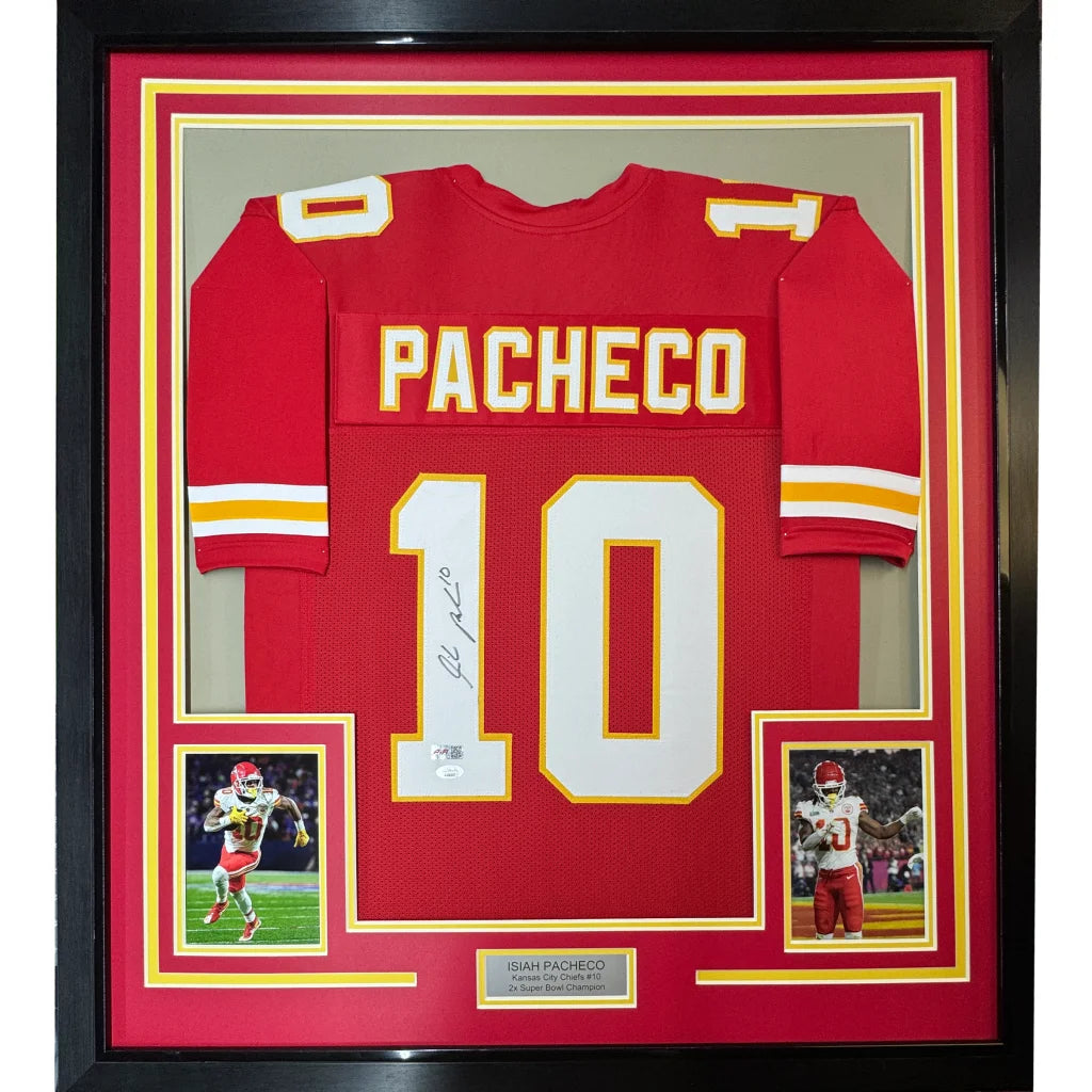 Framed signed Isiah Pacheco red Chiefs jersey with Pacheco 10, JSA COA