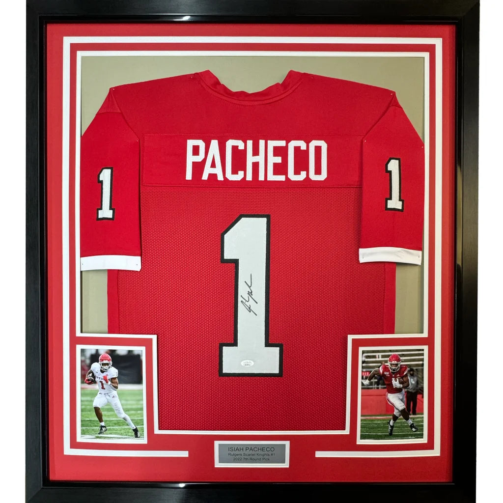 Framed signed Isaiah Pacheco red Rutgers jersey with number 1, JSA COA