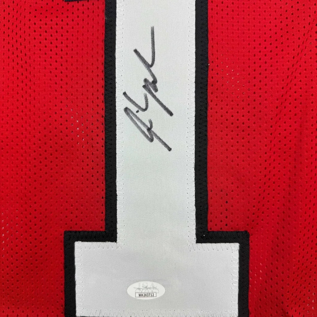 Framed autographed Isiah Pacheco Rutgers red mesh jersey with number 1 patch, JSA COA