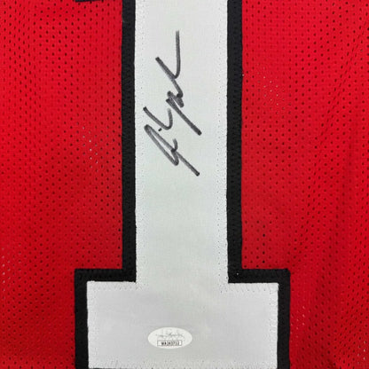 Framed autographed Isiah Pacheco Rutgers red mesh jersey with number 1 patch, JSA COA