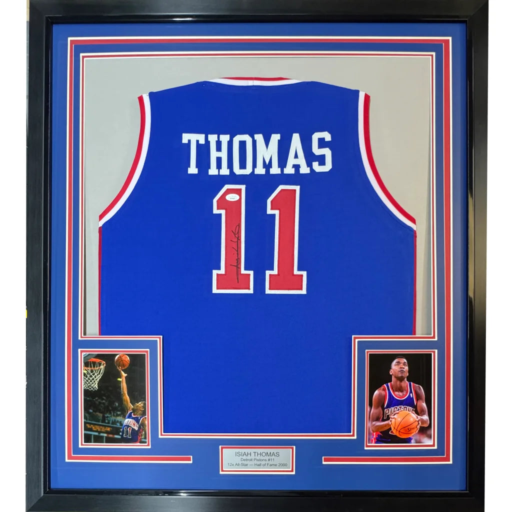 Framed autographed Isiah Thomas Detroit blue basketball jersey with number 11