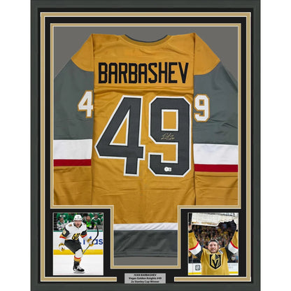 Framed gold autographed hockey jersey with player photos, perfect for fans and collectors