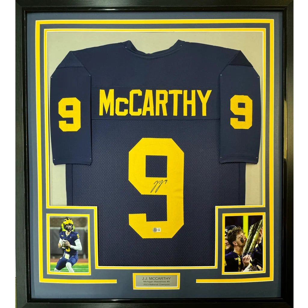 Framed signed J.J. McCarthy Michigan Wolverines jersey with photos and plaque display
