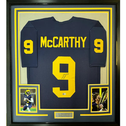 Framed signed J.J. McCarthy Michigan Wolverines jersey with photos and plaque display