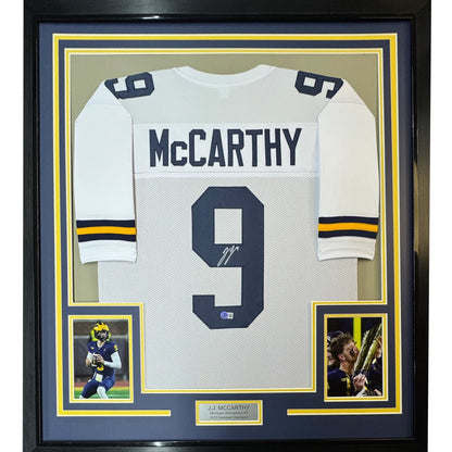 Framed Autographed J.J. JJ McCarthy 35x39 Michigan White College Football Jersey Beckett BAS COA | Hall of Fame Sports Memorabilia | vintageantiquesgifts.com