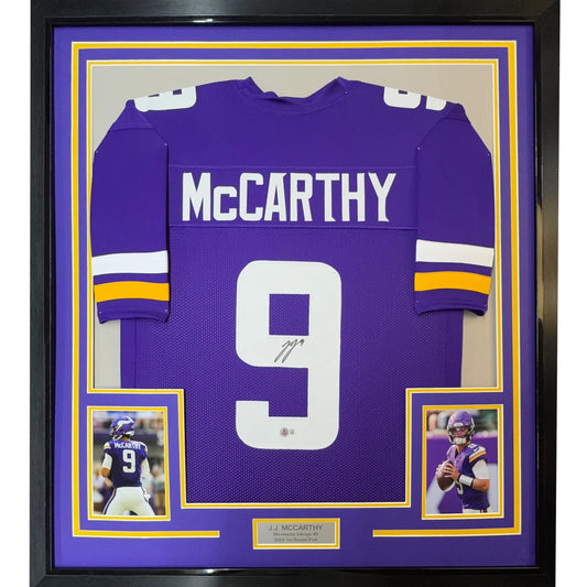 Framed Autographed J.J. McCarthy 35x39 Minnesota Purple Football Jersey Beckett BAS COA | Hall of Fame Sports Memorabilia | vintageantiquesgifts.com