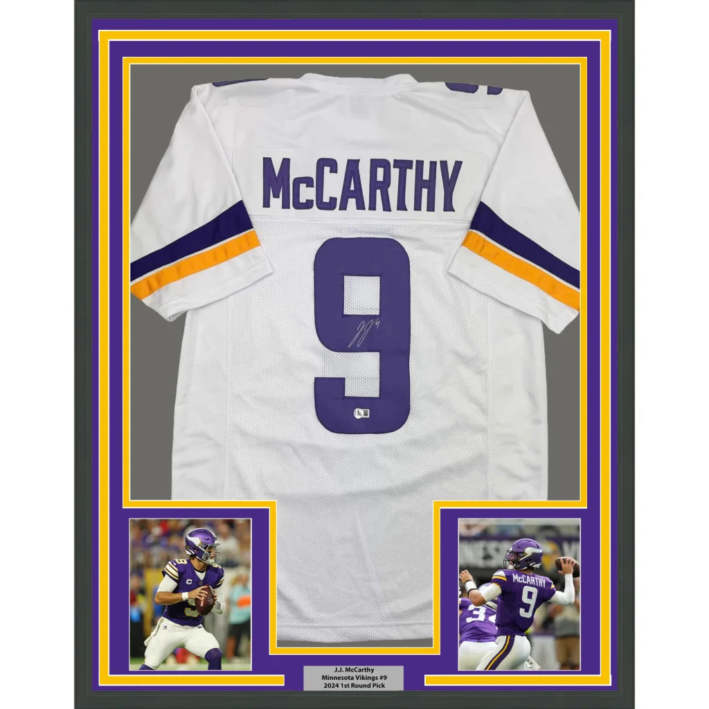 Framed Autographed J.J. JJ McCarthy 35x39 Minnesota White Football Jersey Beckett BAS COA | Hall of Fame Sports Memorabilia | vintageantiquesgifts.com