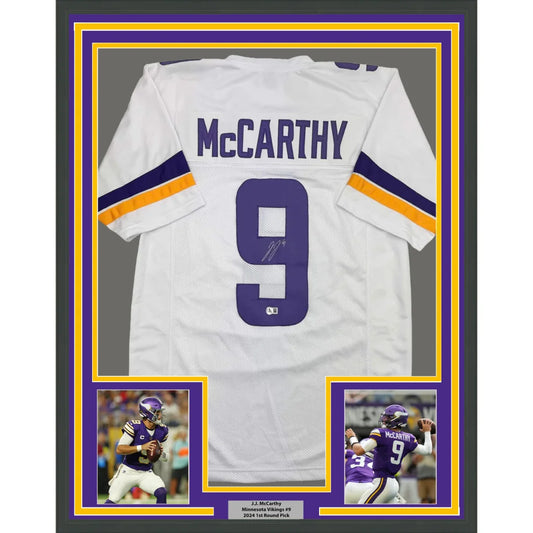 Framed Autographed J.J. JJ McCarthy 35x39 Minnesota White Football Jersey Beckett BAS COA | Hall of Fame Sports Memorabilia | vintageantiquesgifts.com