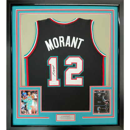 Framed signed Ja Morant black Memphis jersey with name and number 12