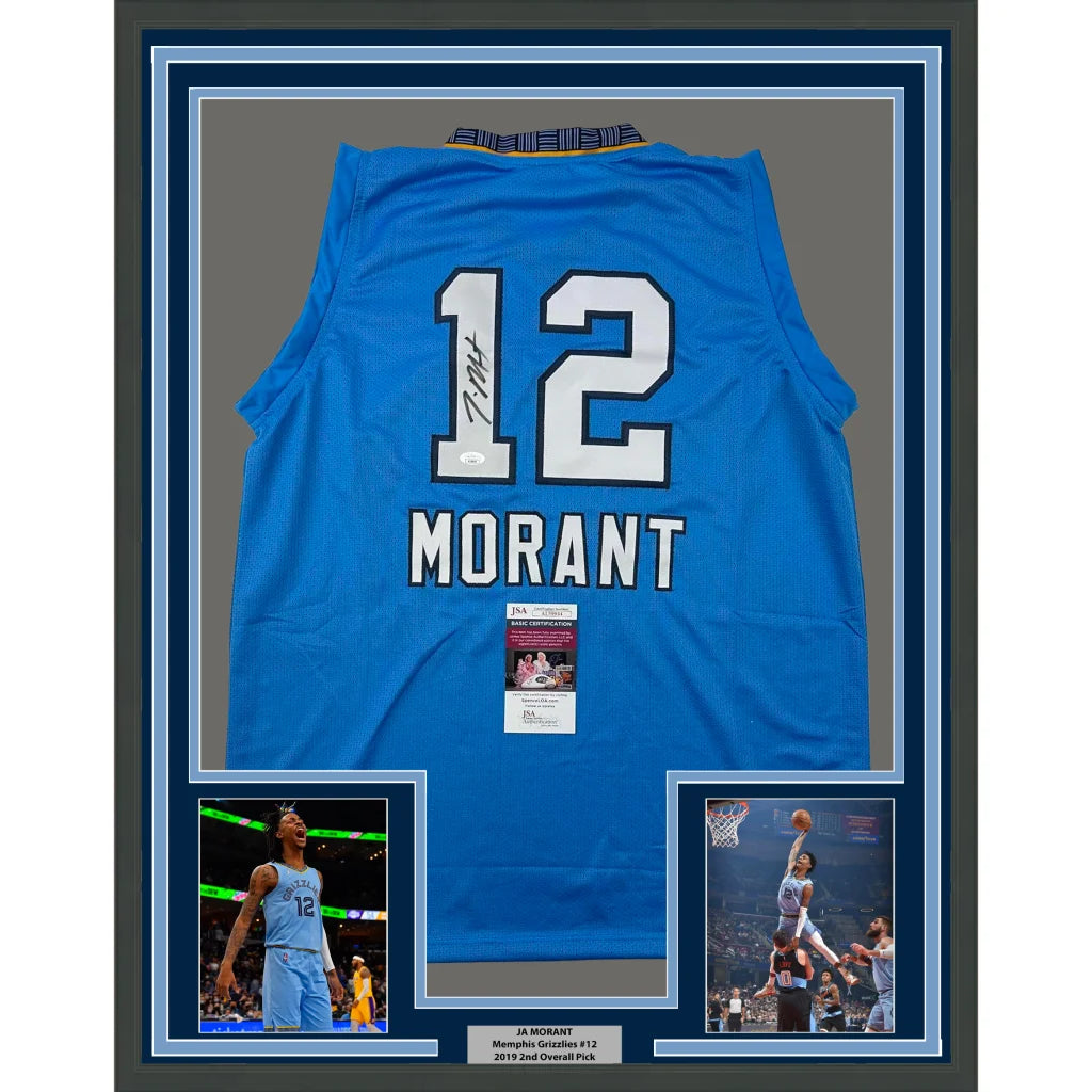 Framed Autographed Ja Morant 35x39 Memphis Light Blue Basketball Jersey JSA COA | Hall of Fame Sports Memorabilia | vintageantiquesgifts.com